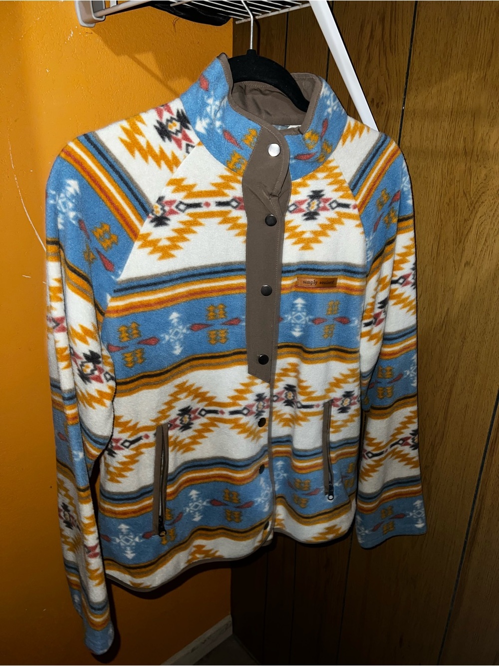 Simply Southern Blue, White, Mustard Southwestern Fleece Pullover